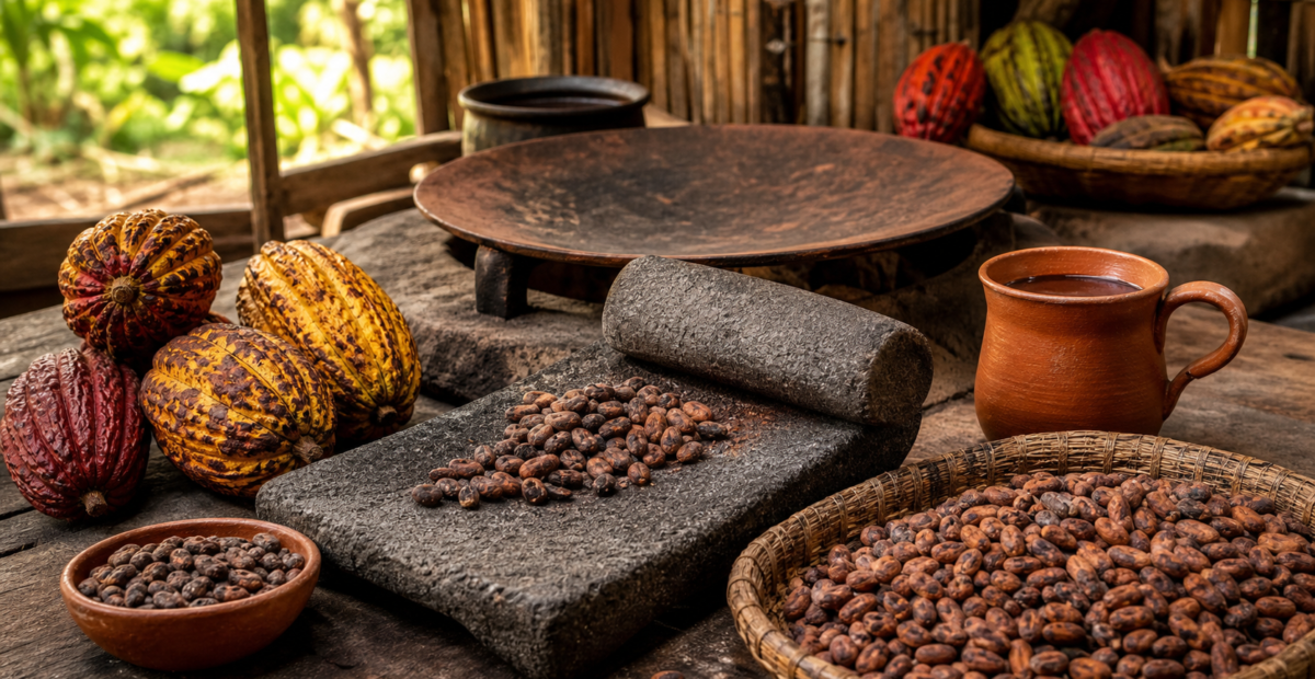 Cacao mexicano, mazorca y granos junto a un metate y una taza de chocolate en un taller artesanal.