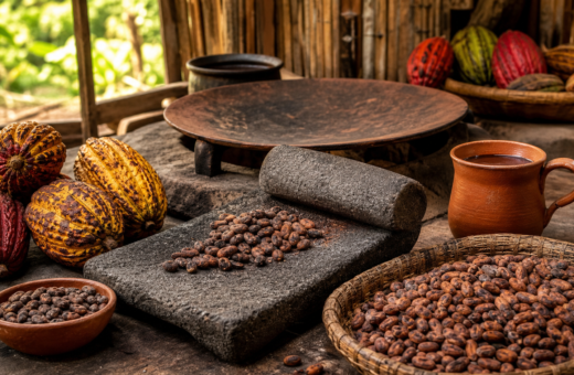 Cacao mexicano, mazorca y granos junto a un metate y una taza de chocolate en un taller artesanal.