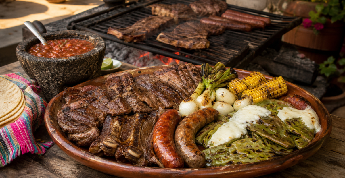 Carnita asada mexicana con arrachera, costillas, chorizo, nopales y salsa tatemada.