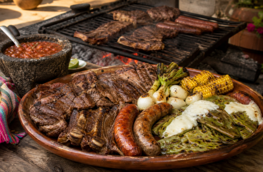 Carnita asada mexicana con arrachera, costillas, chorizo, nopales y salsa tatemada.