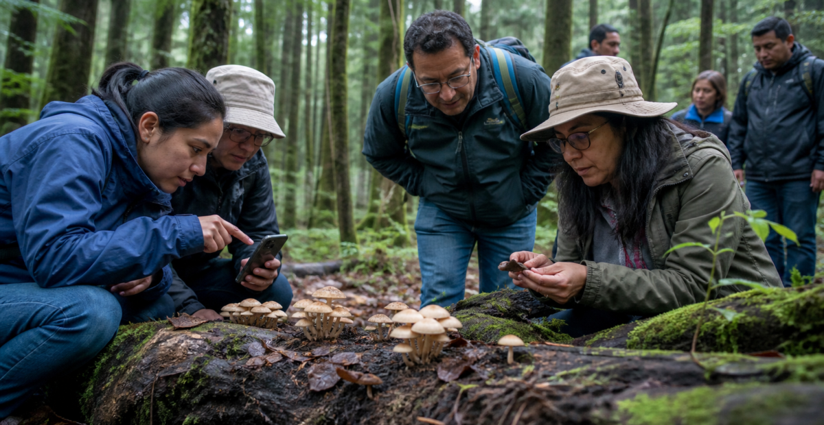 Hongos silvestres sobre suelo húmedo del bosque de la Ciudad de México durante una actividad ambiental.