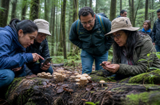 Hongos silvestres sobre suelo húmedo del bosque de la Ciudad de México durante una actividad ambiental.
