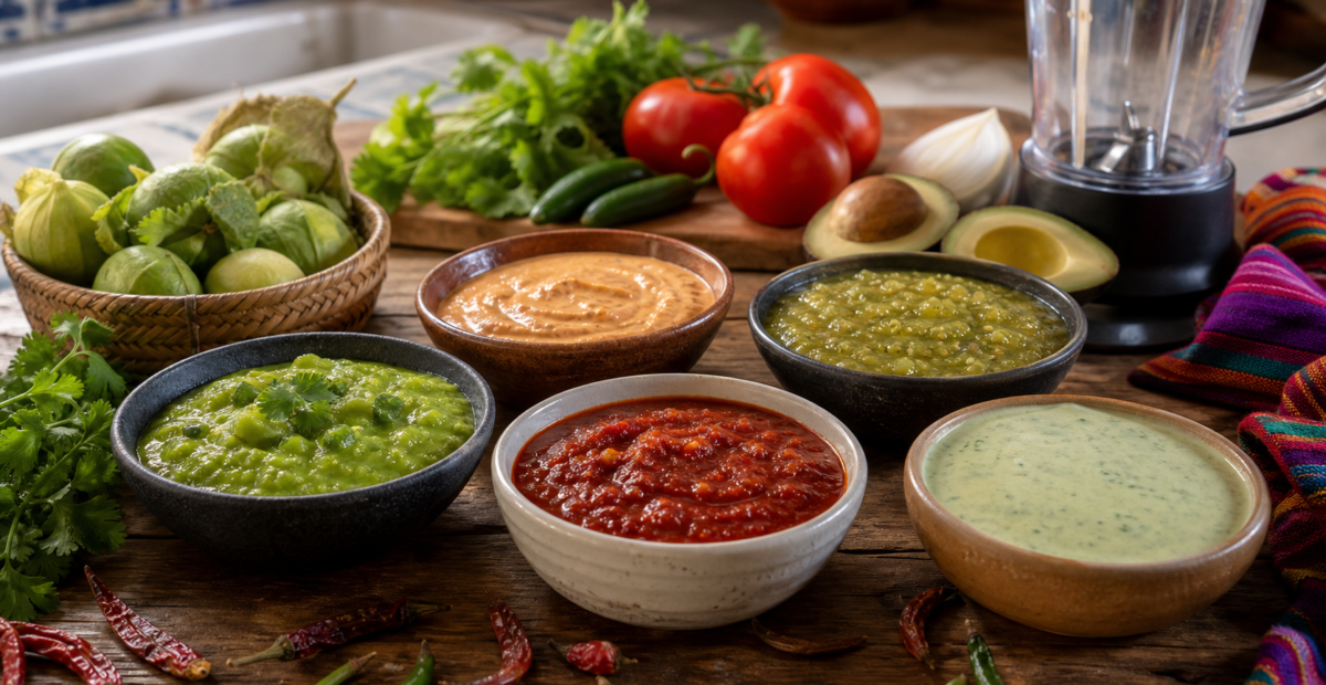 Cinco salsas mexicanas de colores variados con tomatillo, jitomate, chiles, aguacate y cilantro.
