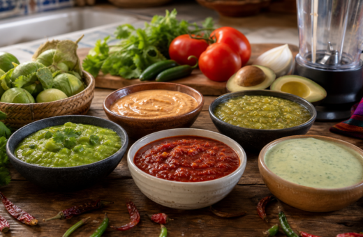 Cinco salsas mexicanas de colores variados con tomatillo, jitomate, chiles, aguacate y cilantro.