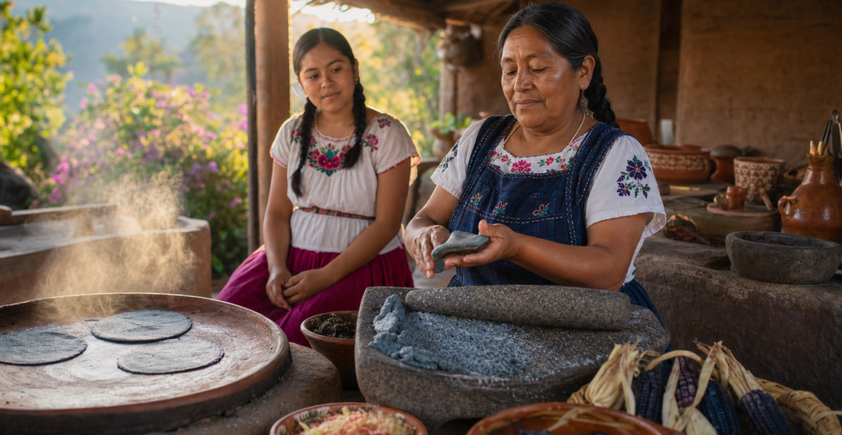 Cocinera tradicional prepara tortillas de maíz azul junto a un metate en una cocina rural de Michoacán.