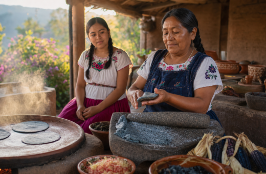 Cocinera tradicional prepara tortillas de maíz azul junto a un metate en una cocina rural de Michoacán.