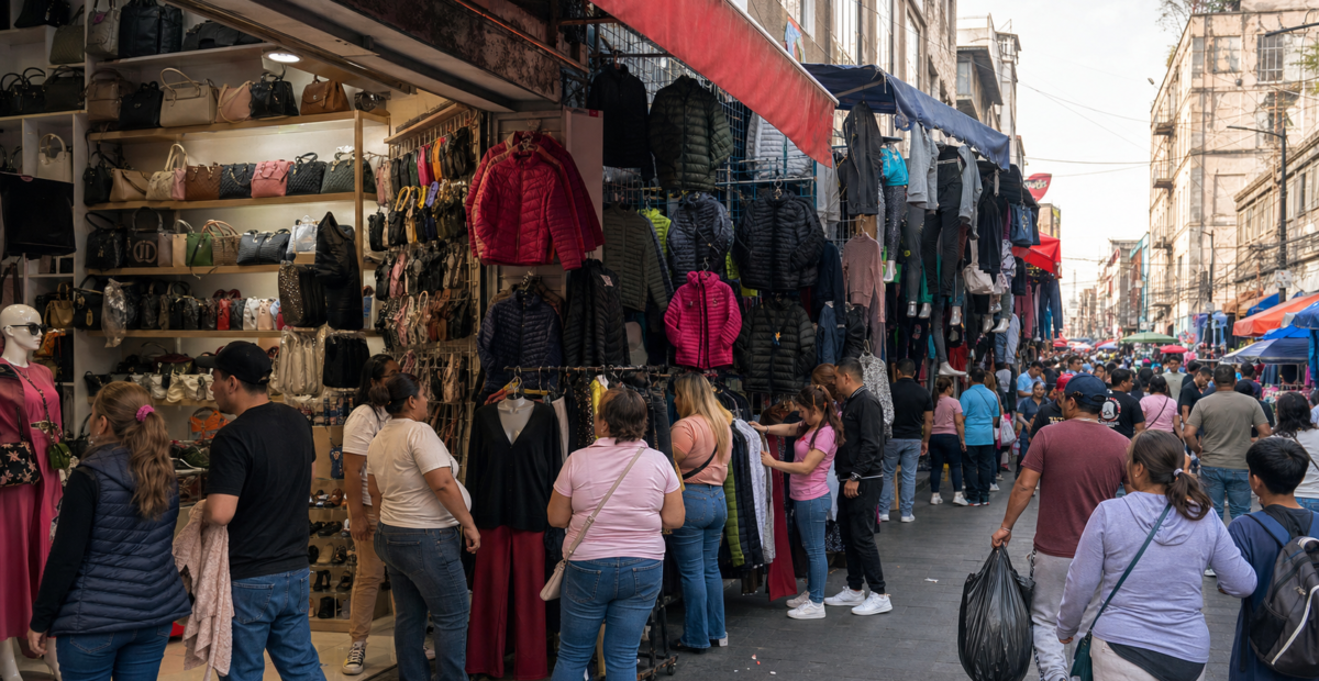 Compradores recorren un corredor de tiendas de moda y calzado en Tepito, Ciudad de México.
