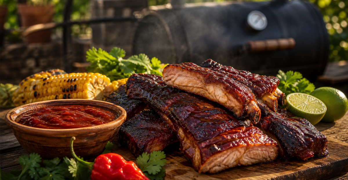 Costillas de cerdo ahumadas con salsa BBQ de Carolina Reaper, elote y limón.