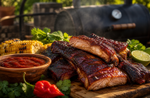 Costillas de cerdo ahumadas con salsa BBQ de Carolina Reaper, elote y limón.