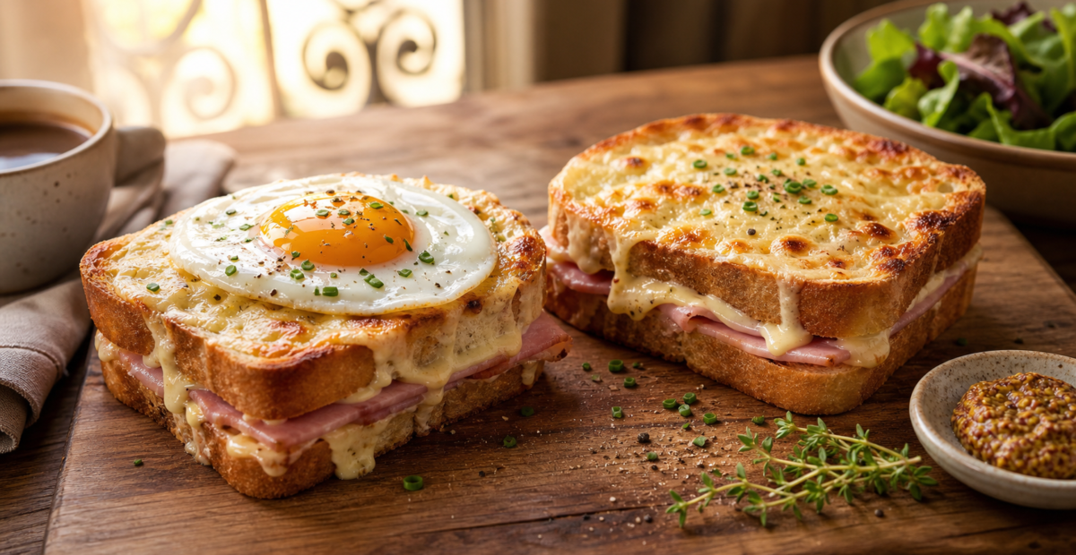 Croque Madame y Croque Monsieur con bechamel, queso gratinado y huevo en un desayuno de inspiración francesa.