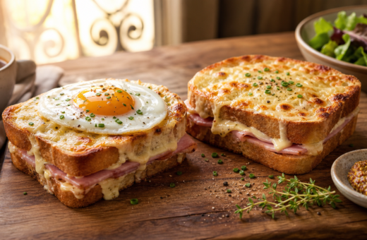 Croque Madame y Croque Monsieur con bechamel, queso gratinado y huevo en un desayuno de inspiración francesa.