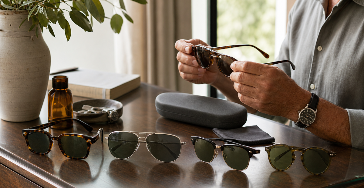 Cuatro estilos de lentes de sol y un estuche sobre una mesa de madera.
