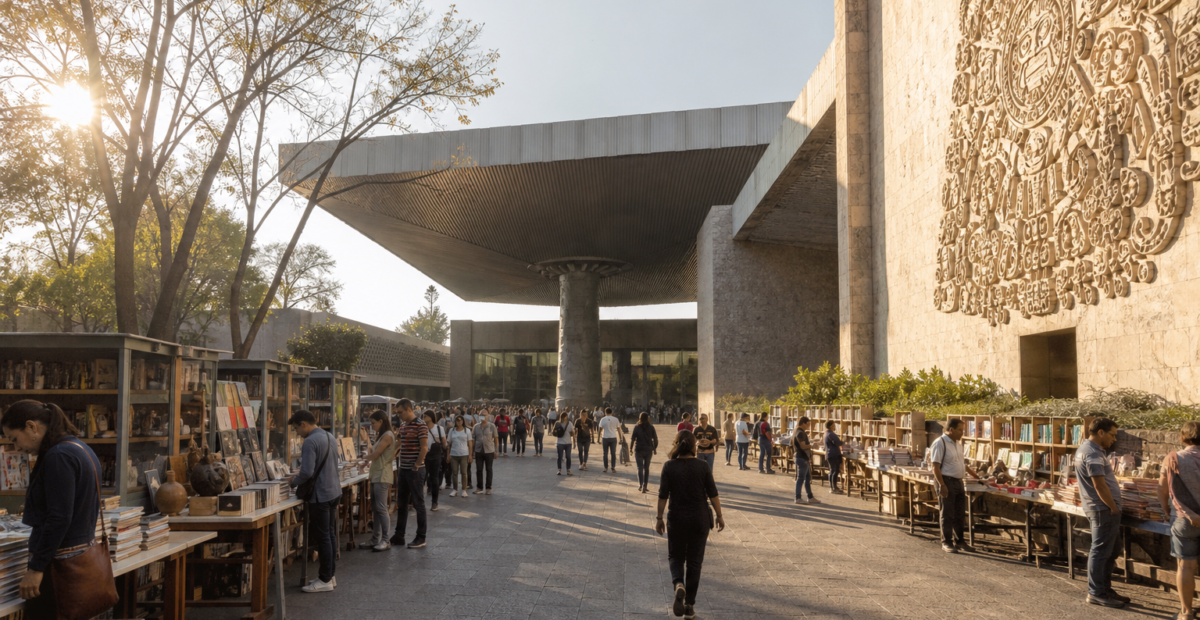 Exterior del Museo Nacional de Antropología con visitantes y puestos de libros durante una feria cultural