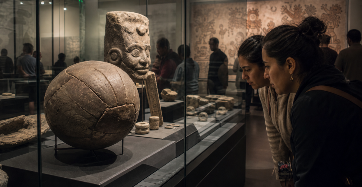 Vitrina de museo con una pelota de hule y piezas prehispánicas observadas por visitantes