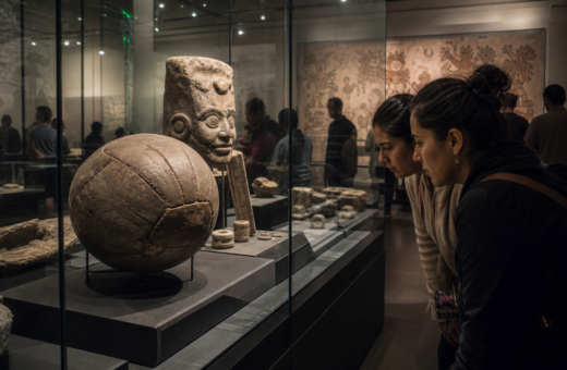 Vitrina de museo con una pelota de hule y piezas prehispánicas observadas por visitantes