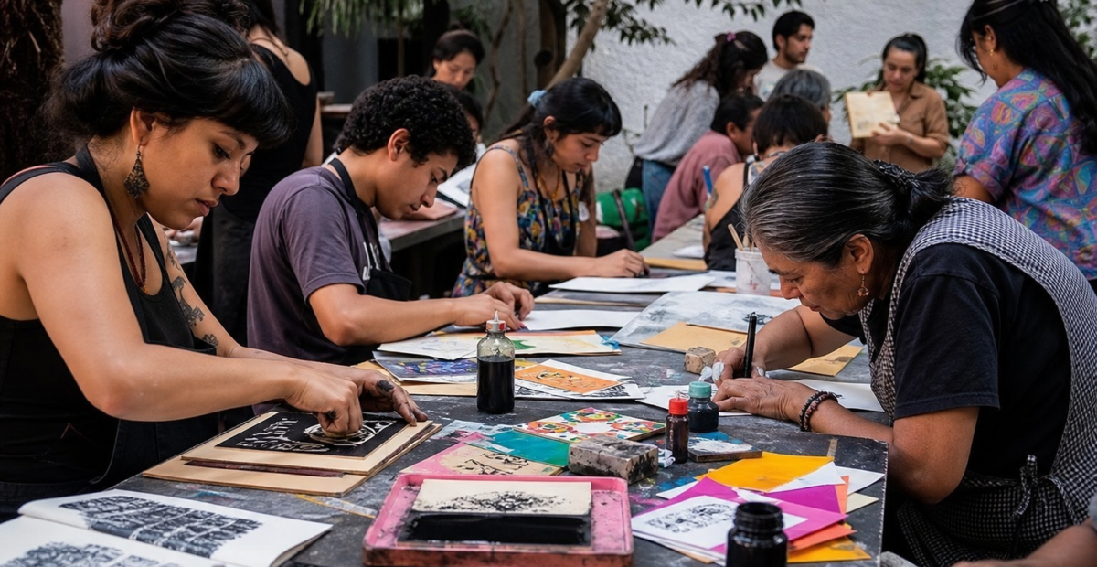 Personas de distintas edades participan en un taller comunitario de estampa y elaboración artesanal