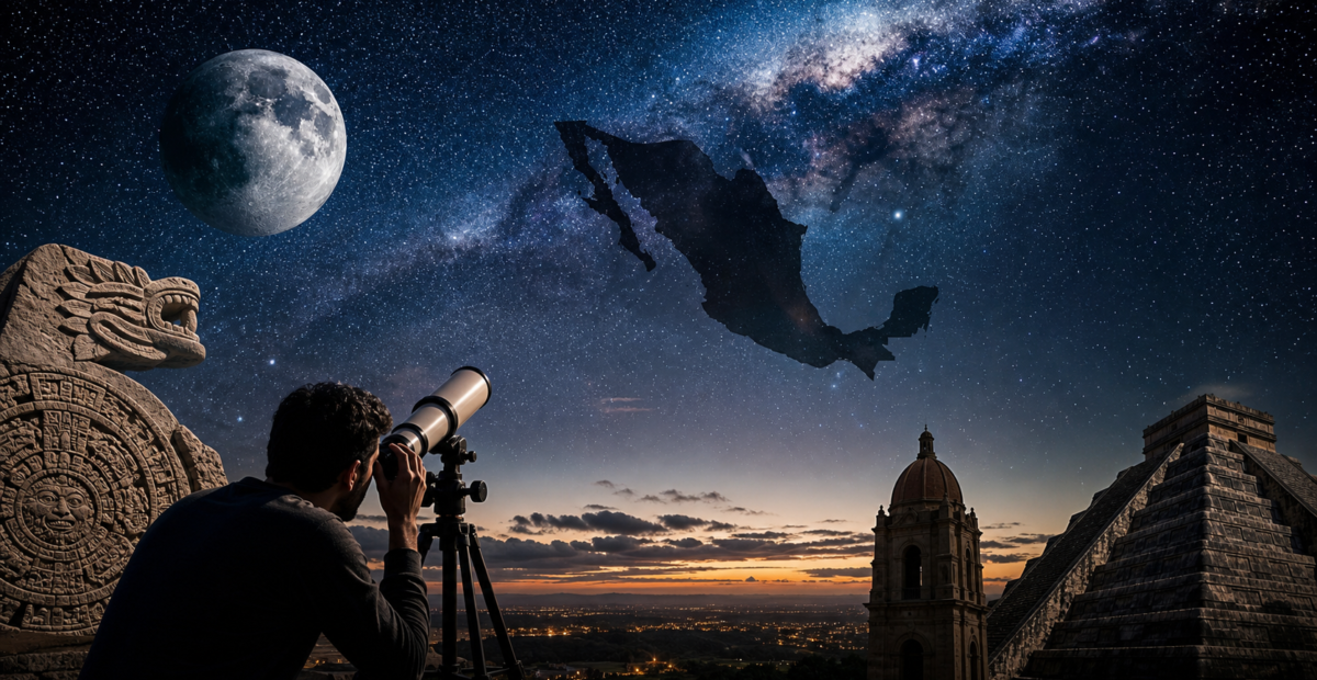 Observador mexicano con telescopio frente a la Luna y un cielo estrellado sobre paisajes culturales de México.