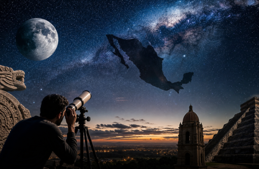 Observador mexicano con telescopio frente a la Luna y un cielo estrellado sobre paisajes culturales de México.