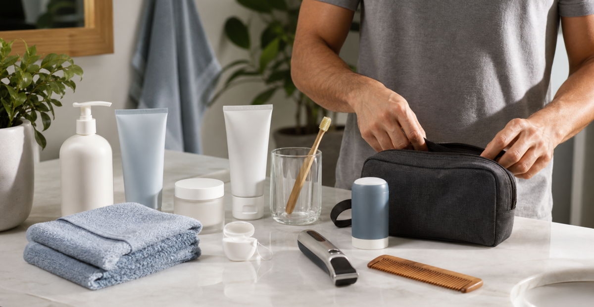 Herramientas y productos de higiene masculina organizados para una rutina diaria.