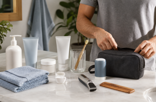 Herramientas y productos de higiene masculina organizados para una rutina diaria.