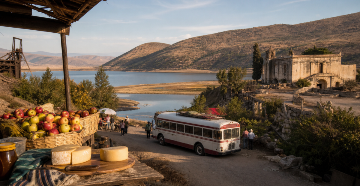 Paisaje de la laguna de Santiaguillo en Durango con una ruta turística hacia Nuevo Ideal y productos regionales.