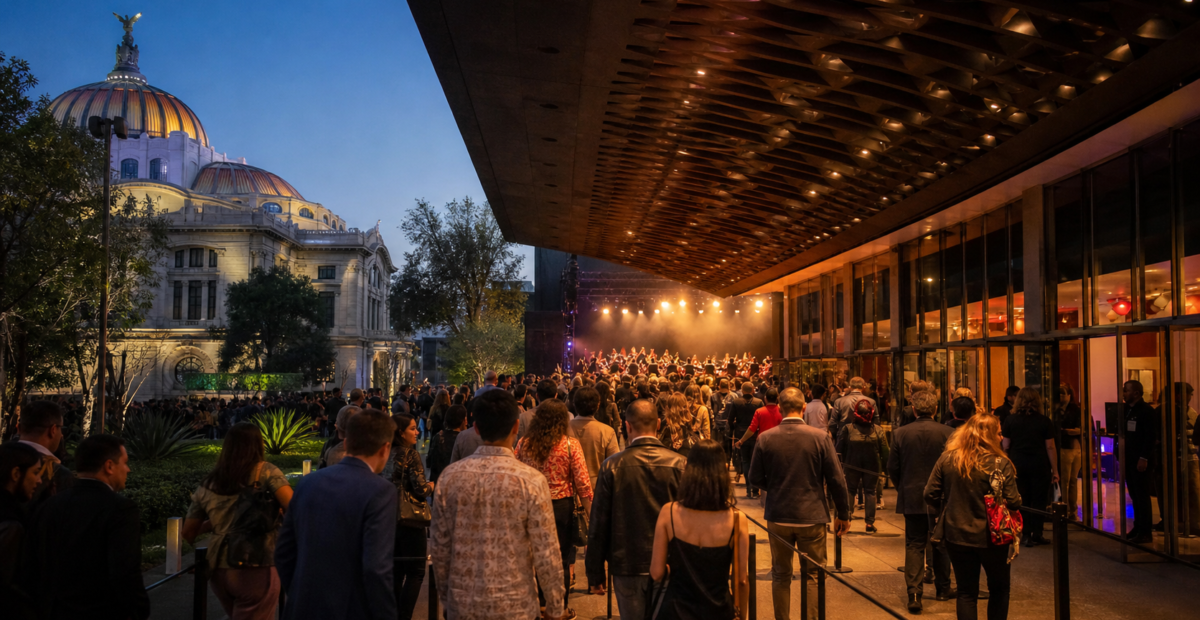 Público entra a un recinto de conciertos en la Ciudad de México mientras las luces del escenario permanecen encendidas.