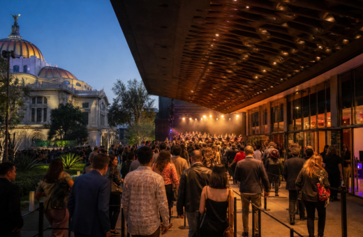 Público entra a un recinto de conciertos en la Ciudad de México mientras las luces del escenario permanecen encendidas.