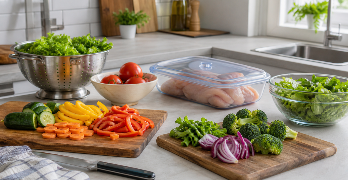 Cocina organizada con tablas separadas, verduras lavadas y alimentos crudos apartados