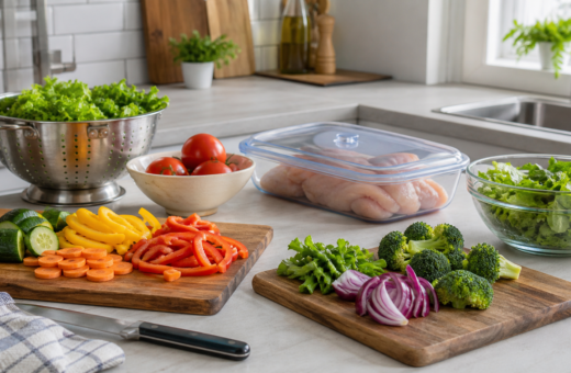 Cocina organizada con tablas separadas, verduras lavadas y alimentos crudos apartados