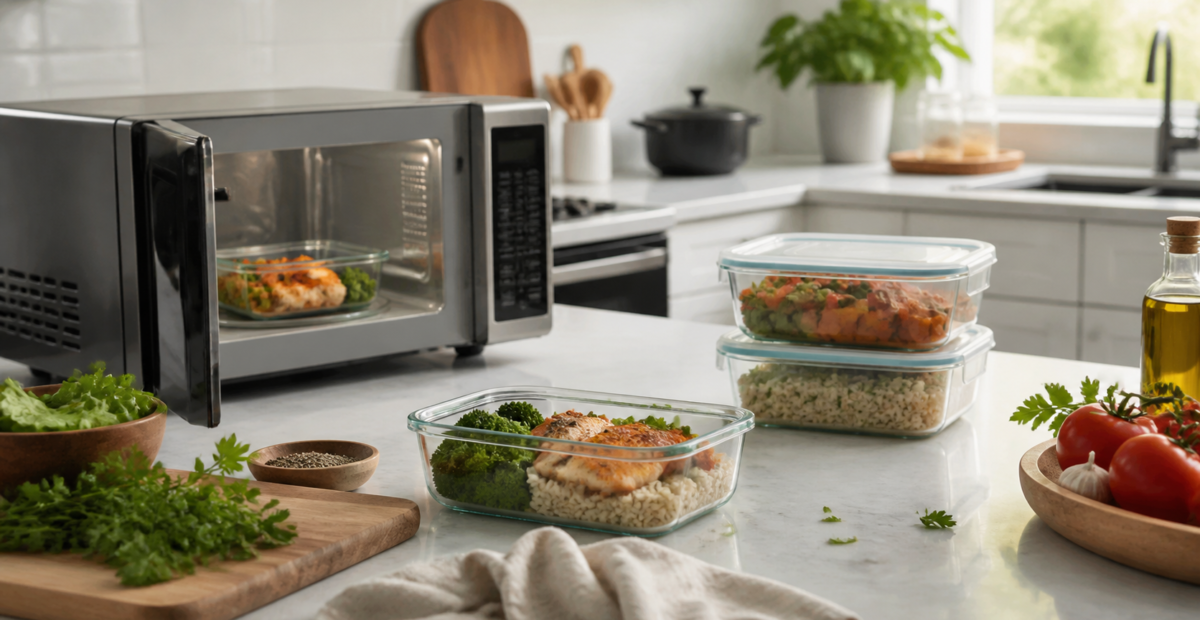 Sobras de comida en recipientes de vidrio poco profundos dentro de una cocina doméstica