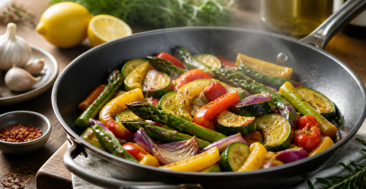 Verduras coloridas cocinadas suavemente en un sartén con hierbas y limón