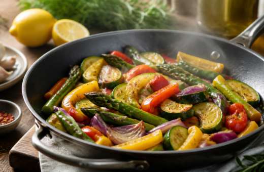 Verduras coloridas cocinadas suavemente en un sartén con hierbas y limón