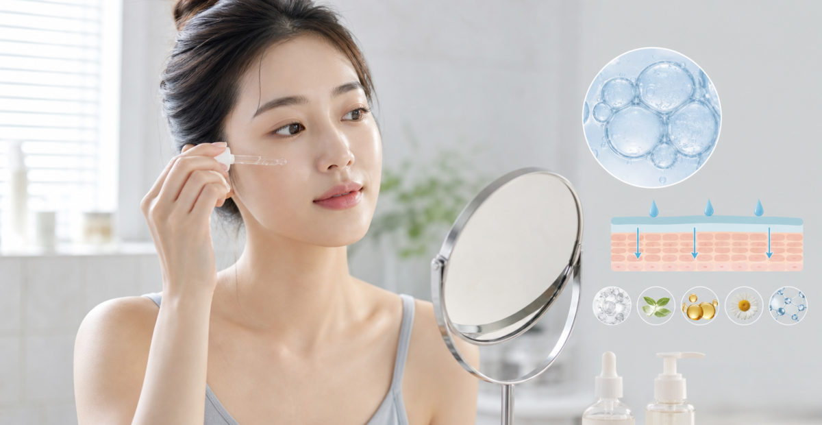 Mujer aplicando serum para el cuidado de la barrera cutanea