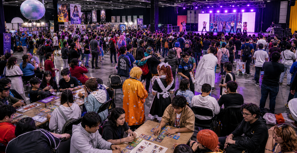 Jóvenes participan en una feria cultural geek con videojuegos, juegos de mesa y baile K-pop