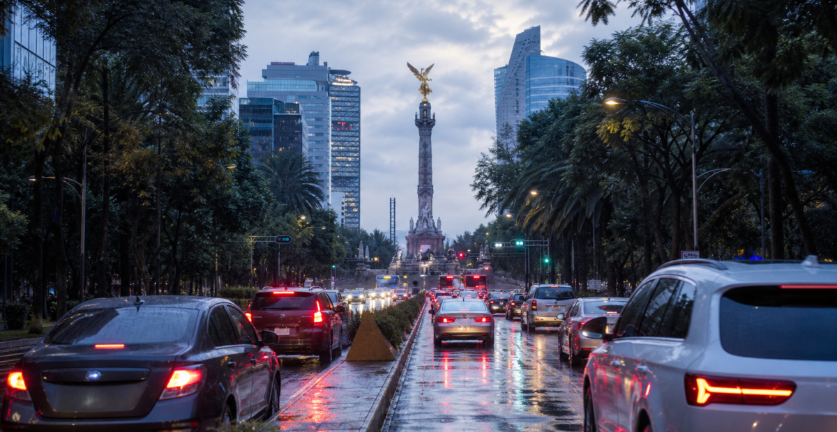 Avenida de la Ciudad de México con tráfico matutino, pavimento mojado y cielo nublado tras la lluvia.