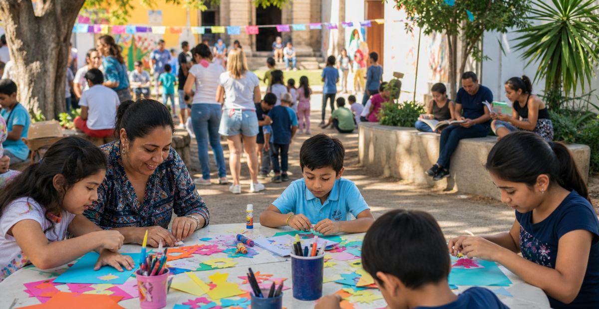 Familias participan en un taller gratuito de arte y lectura en un espacio cultural comunitario