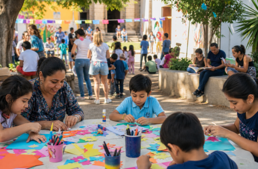 Familias participan en un taller gratuito de arte y lectura en un espacio cultural comunitario