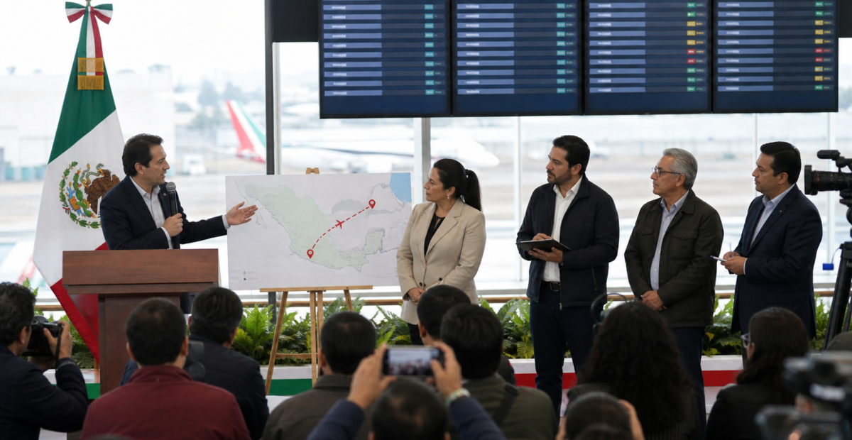 Funcionarios y periodistas en una ilustración editorial sobre la conexión aérea Zacatecas AIFA