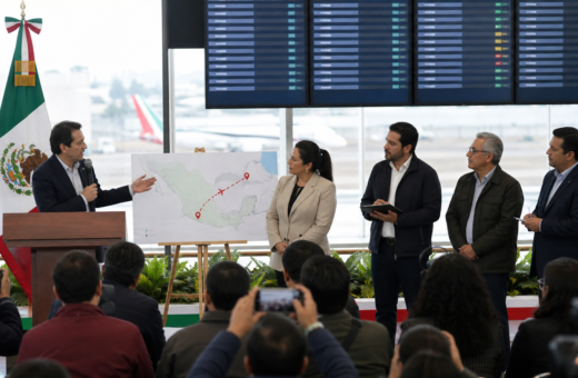 Funcionarios y periodistas en una ilustración editorial sobre la conexión aérea Zacatecas AIFA