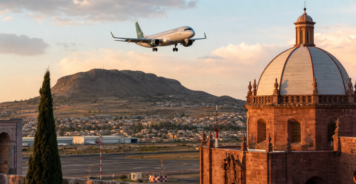 Avión de Mexicana de Aviación sobre Zacatecas, ilustración editorial de la nueva ruta hacia el AIFA
