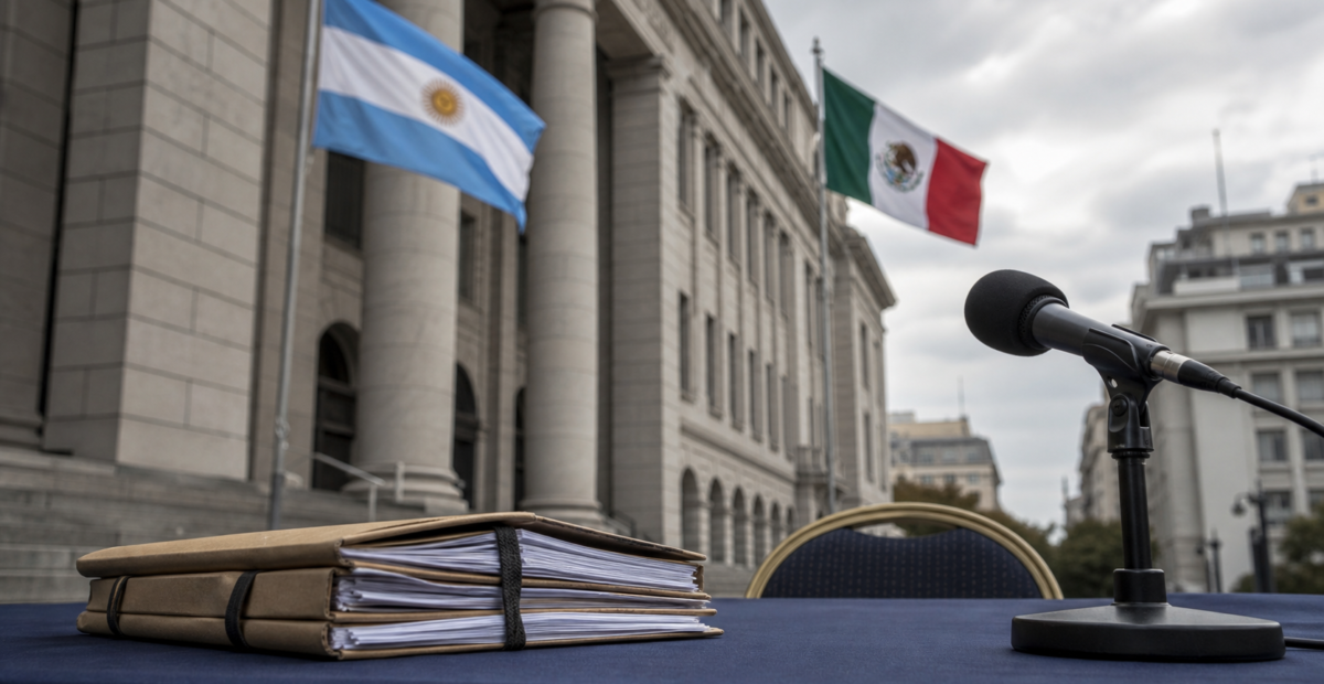 Exterior de un tribunal federal con banderas de Argentina y México y documentos jurídicos fuera de foco.