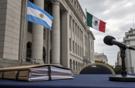 Exterior de un tribunal federal con banderas de Argentina y México y documentos jurídicos fuera de foco.
