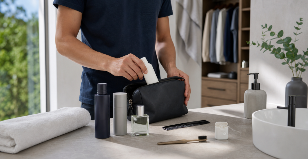 Kit de higiene y frescura masculina organizado en un baño.
