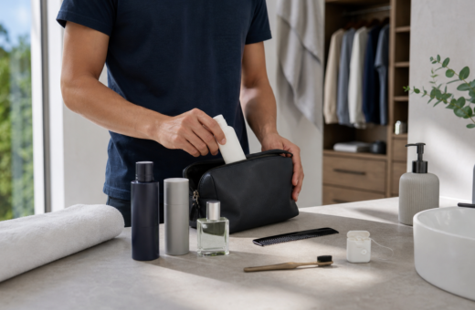 Kit de higiene y frescura masculina organizado en un baño.
