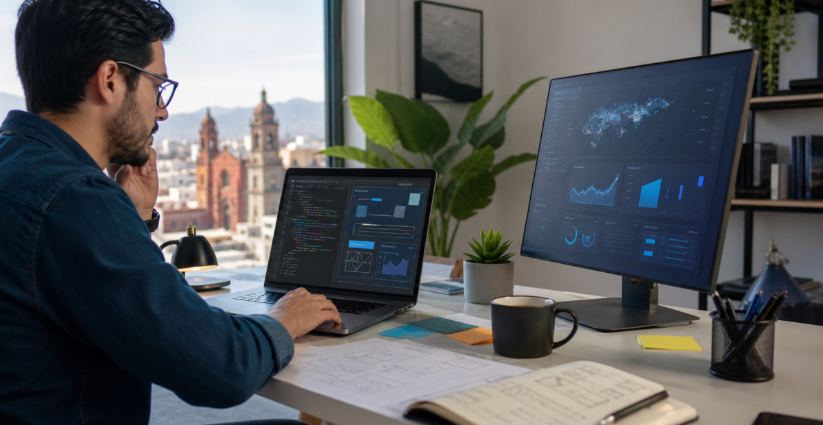 Profesional trabaja con una herramienta de inteligencia artificial para crear una interfaz y automatizar tareas.