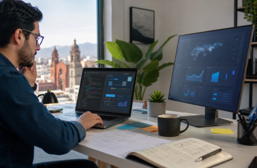 Profesional trabaja con una herramienta de inteligencia artificial para crear una interfaz y automatizar tareas.