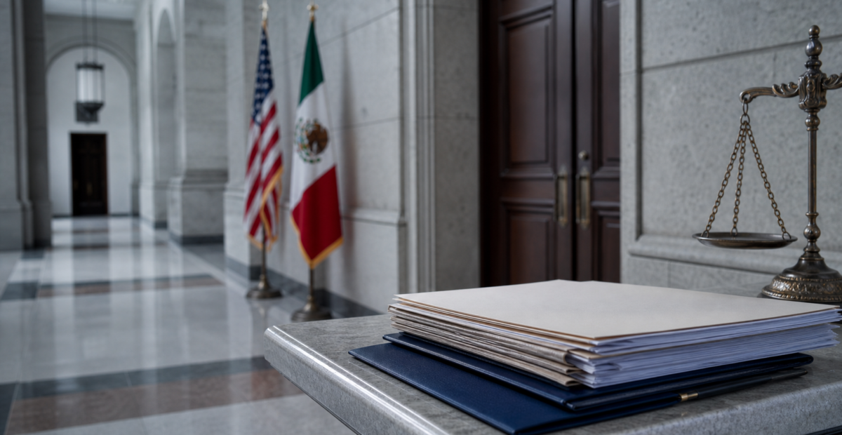 Pasillo de un tribunal federal con banderas de México y Estados Unidos fuera de foco.