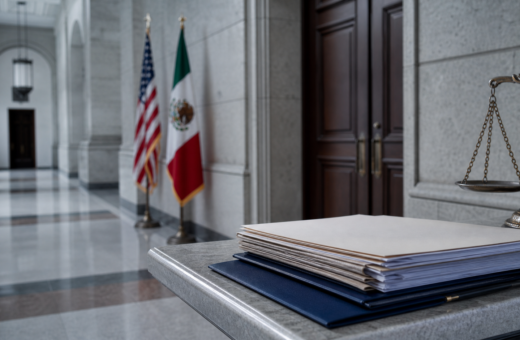 Pasillo de un tribunal federal con banderas de México y Estados Unidos fuera de foco.