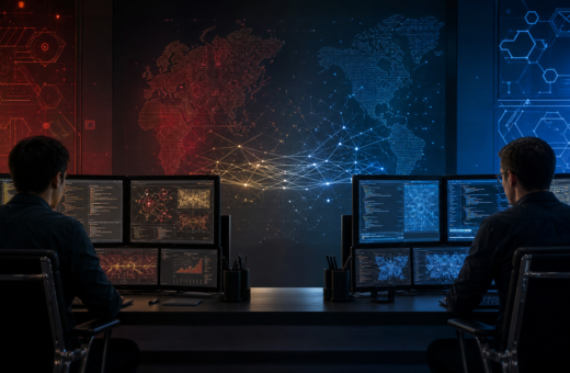 Dos estaciones abstractas de inteligencia artificial analizan ciberseguridad defensiva y vulnerabilidades de software.