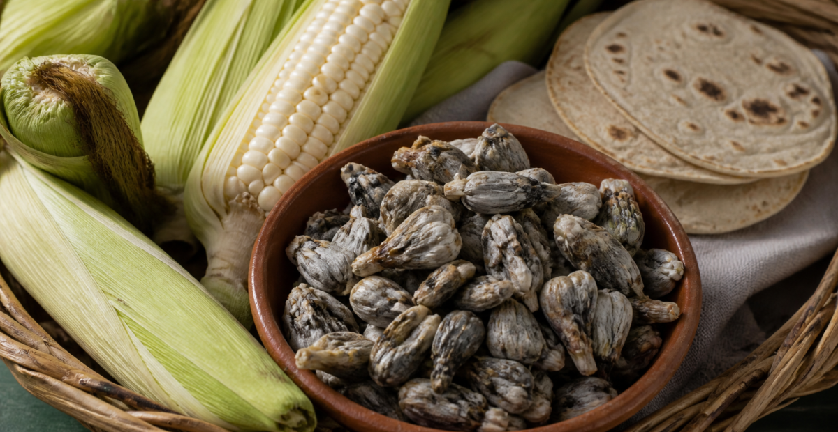 Mazorca de maíz con huitlacoche fresco junto a una canasta de mercado y tortillas.